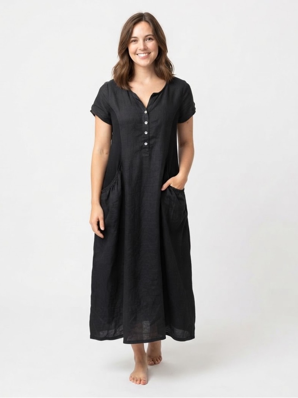 Terzo Millennio Italy Black Linen Blend Pocket Midi Dress Size M